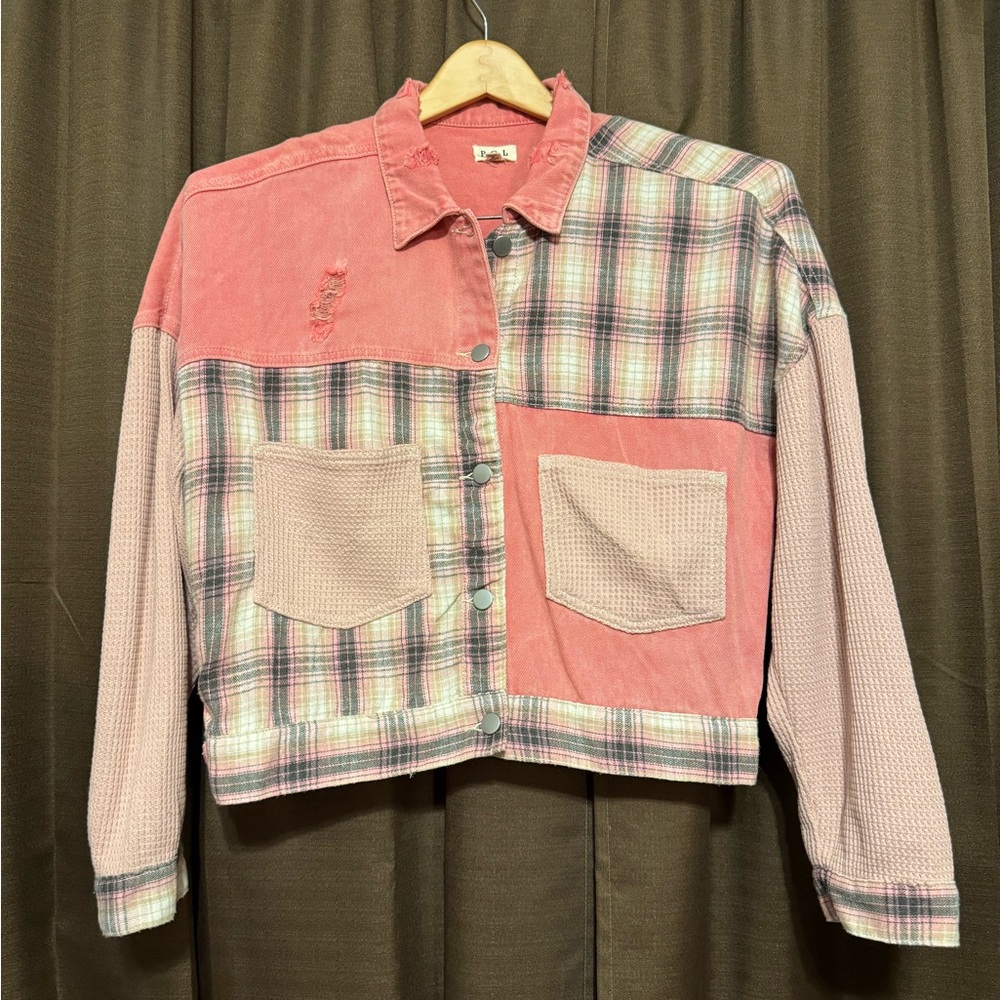 Pol Plaid Pink Patchwork Denim and Waffle Fabric Jacket with Distressing, Size S